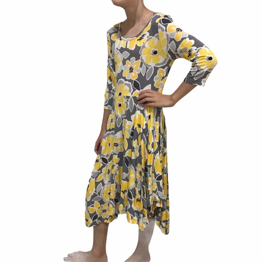 GYMBOREE Maxi Dress Size 6 A-Symmetrical Yellow Gray Floral 3/4 Sleeve